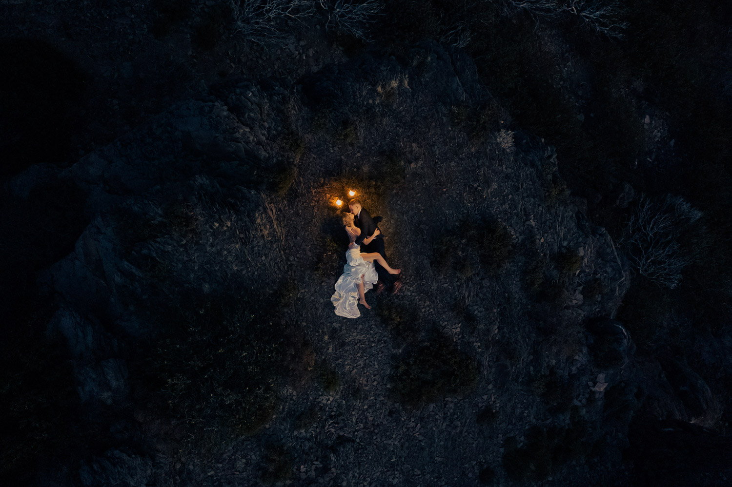 Dramatic drone portraits for weddings