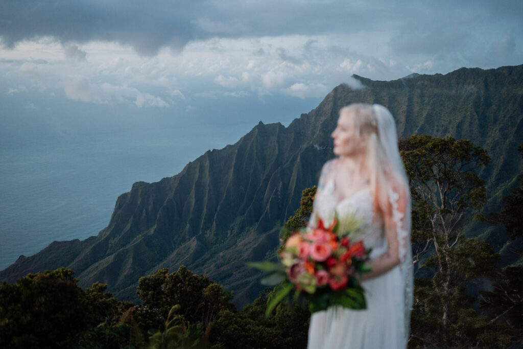 a bride stand at the overlook at her Kauai destination wedding