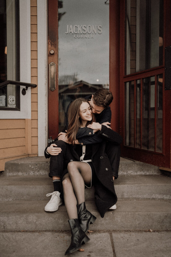 a couple share a moment during their downtown bend engagement session