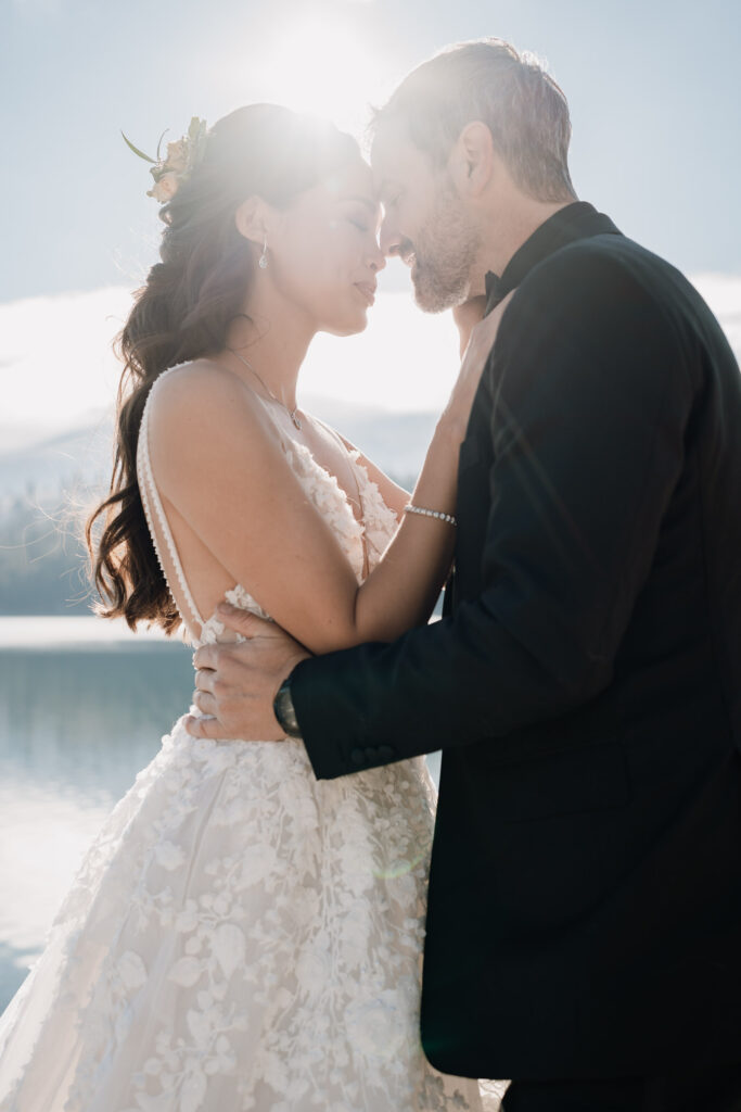 a couple near Wallowa lake during their wedding